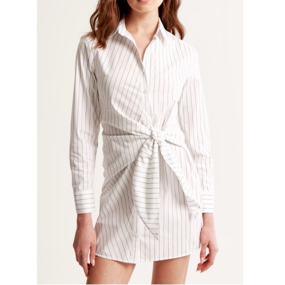 NWT Abercrombie & Fitch Long-Sleeve Wrap Collared Shirt‎ Dress White Stripe